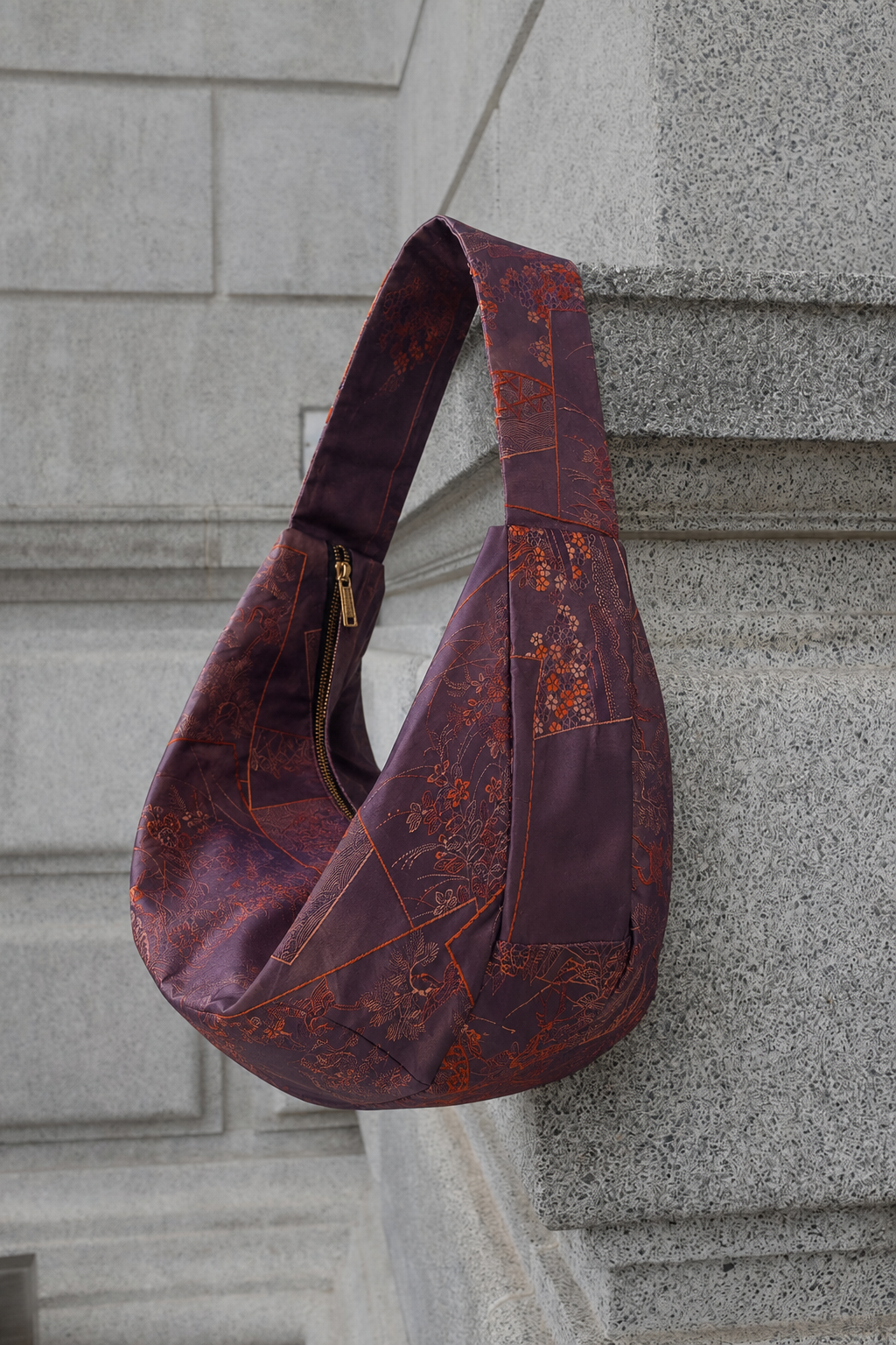 Upcycled Japanese Obi Silk Bag - "O" Bag (Deep Purple, Deers & cranes)