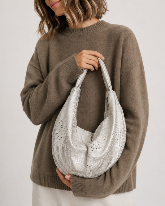 Upcycled Japanese Obi Silk Bag - "O" Bag (Silver white & Shibori)