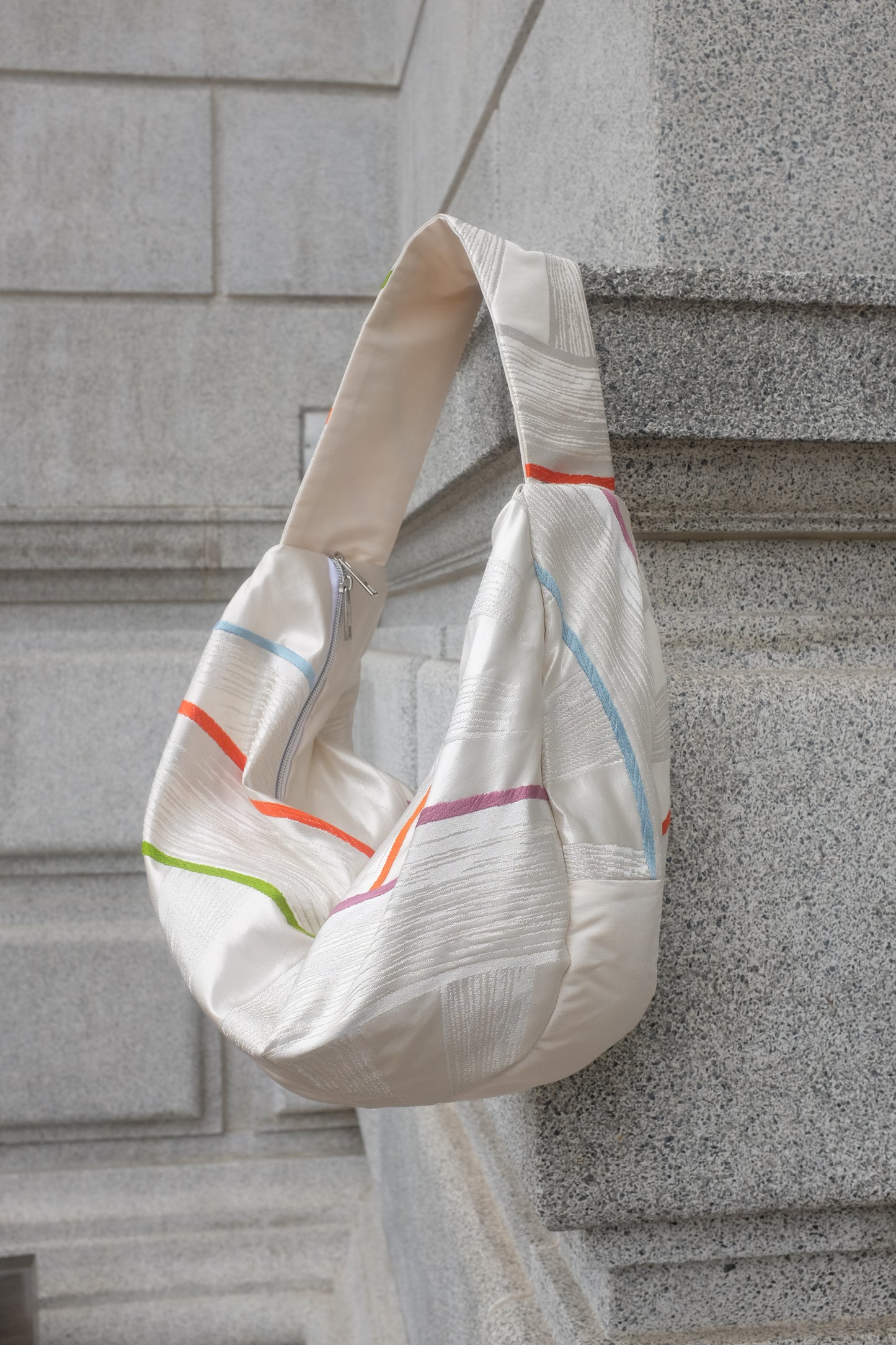 Upcycled Japanese Obi Silk Bag - "O" Bag (Silver & Stripes)
