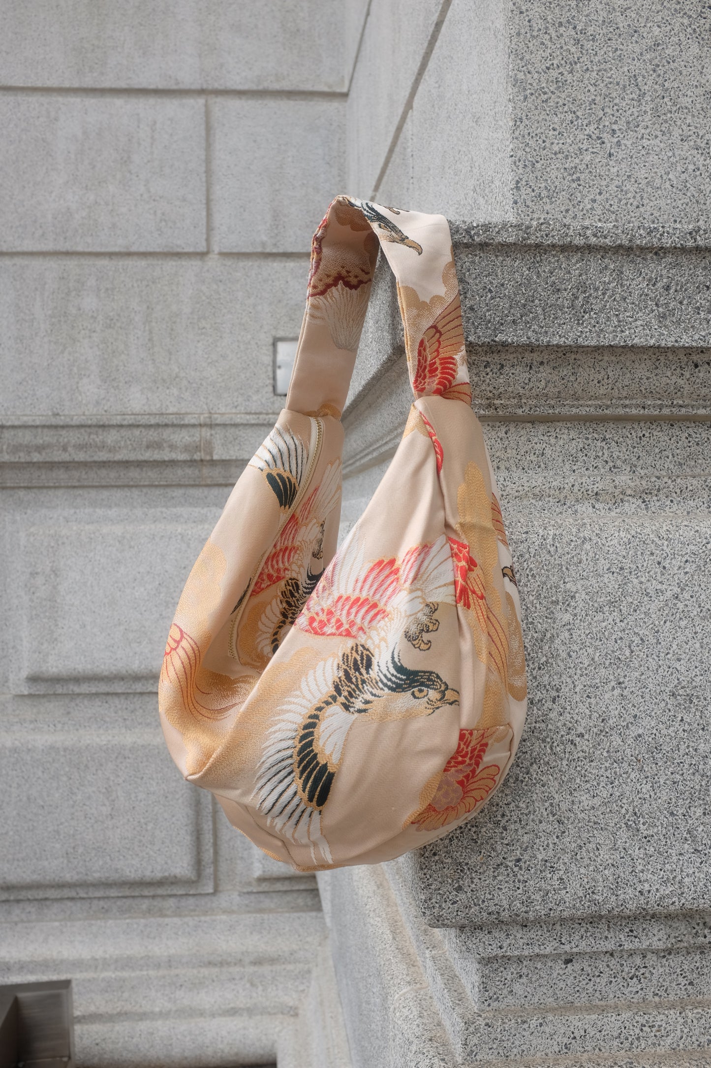 Upcycled Japanese Obi Silk Bag - "O" Bag (Mount Fuji & Eagle)