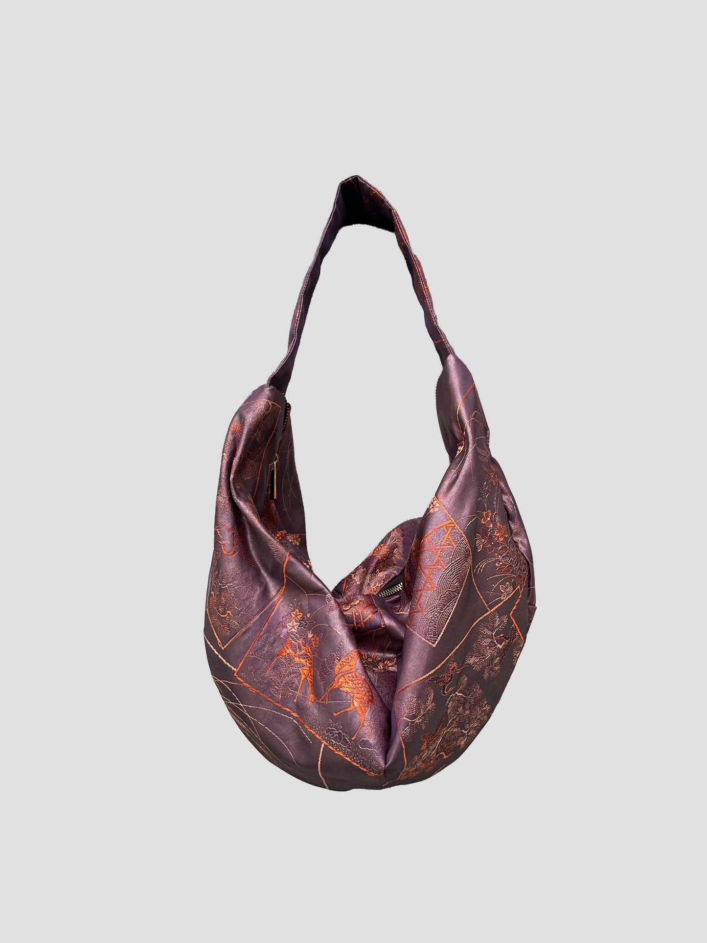 Upcycled Japanese Obi Silk Bag - "O" Bag (Deep Purple, Deers & cranes)