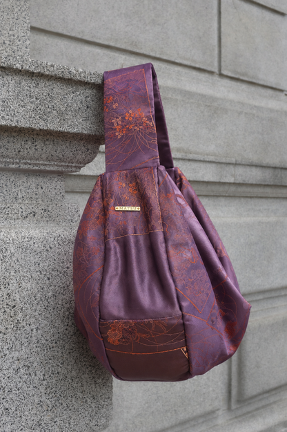 Upcycled Japanese Obi Silk Bag - "O" Bag (Deep Purple, Deers & cranes)