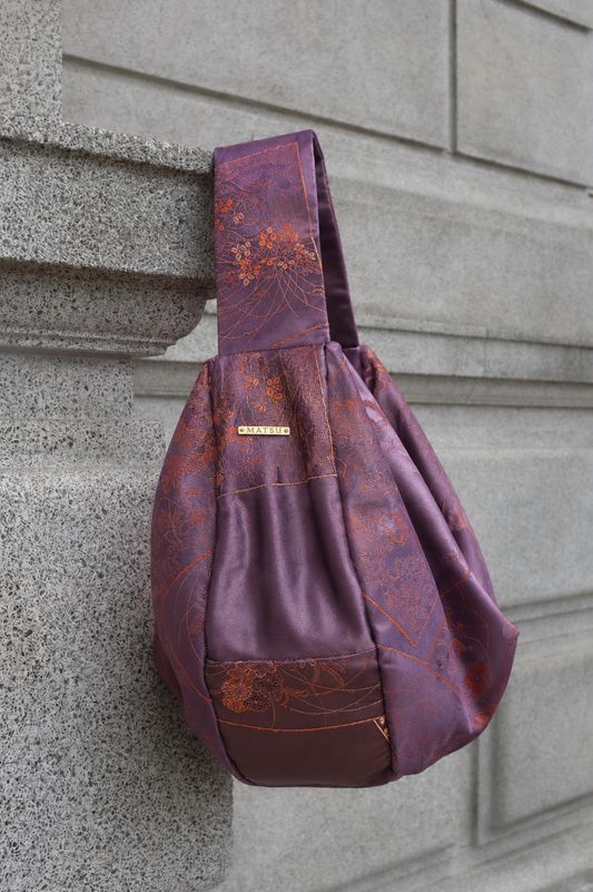 Upcycled Japanese Obi Silk Bag - "O" Bag (Deep Purple, Deers & cranes)