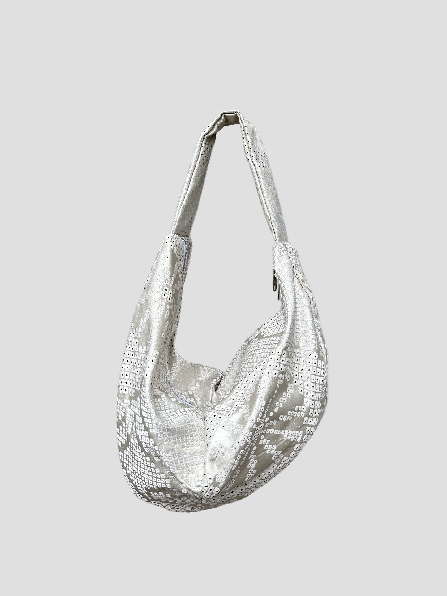Upcycled Japanese Obi Silk Bag - "O" Bag (Silver white & Shibori)