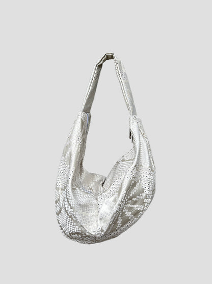 Upcycled Japanese Obi Silk Bag - "O" Bag (Silver white & Shibori)