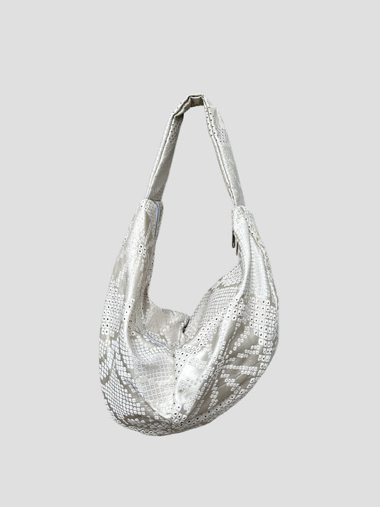 Upcycled Japanese Obi Silk Bag - "O" Bag (Silver white & Shibori)