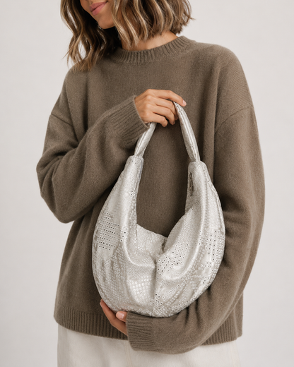 Upcycled Japanese Obi Silk Bag - "O" Bag (Silver white & Shibori)