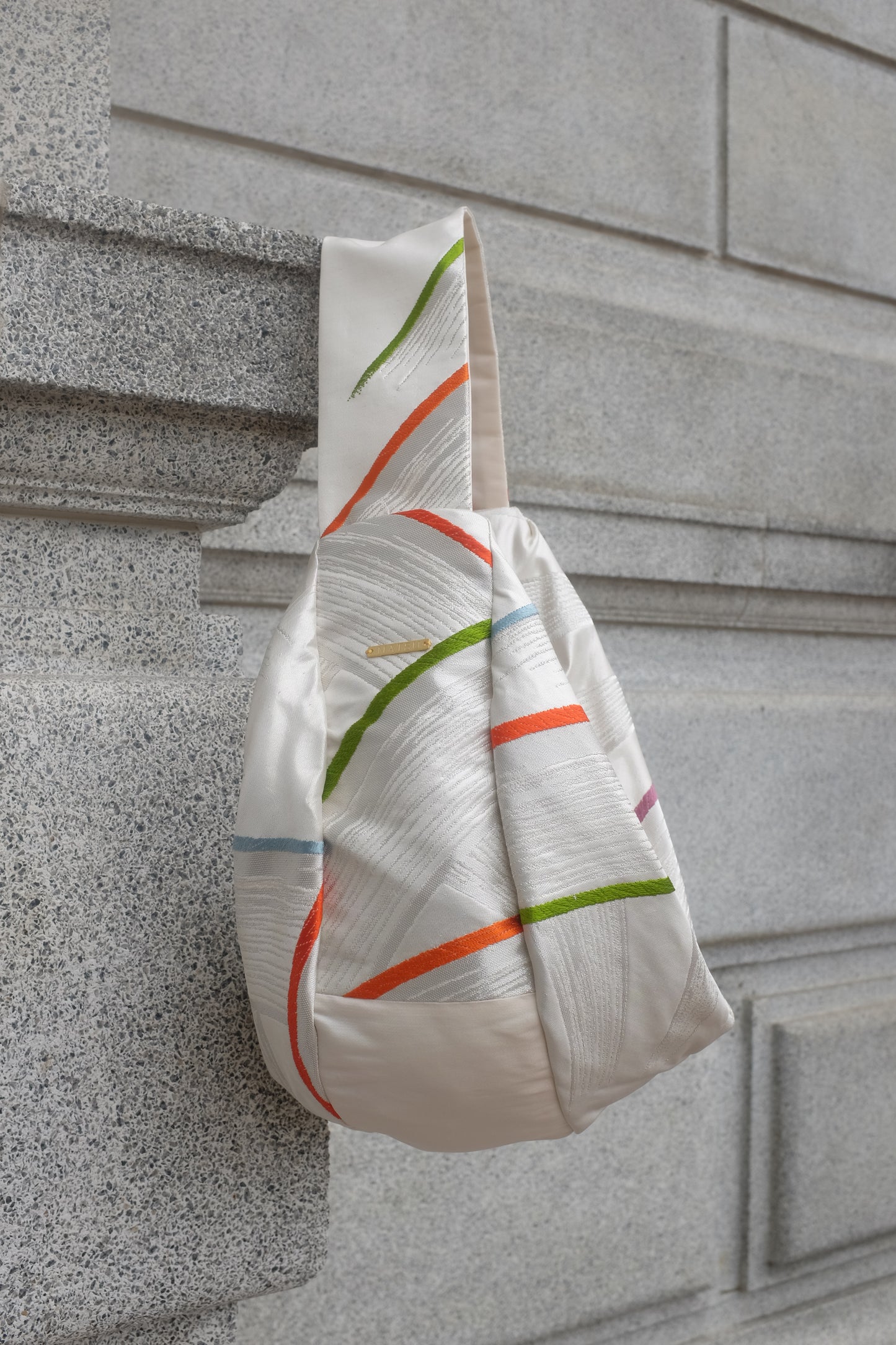 Upcycled Japanese Obi Silk Bag - "O" Bag (Silver & Stripes)