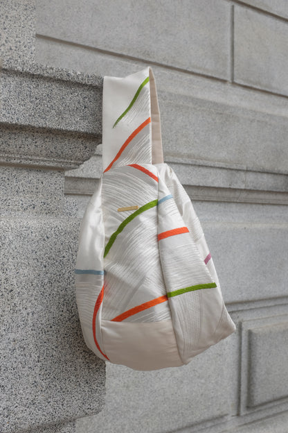 Upcycled Japanese Obi Silk Bag - "O" Bag (Silver & Stripes)