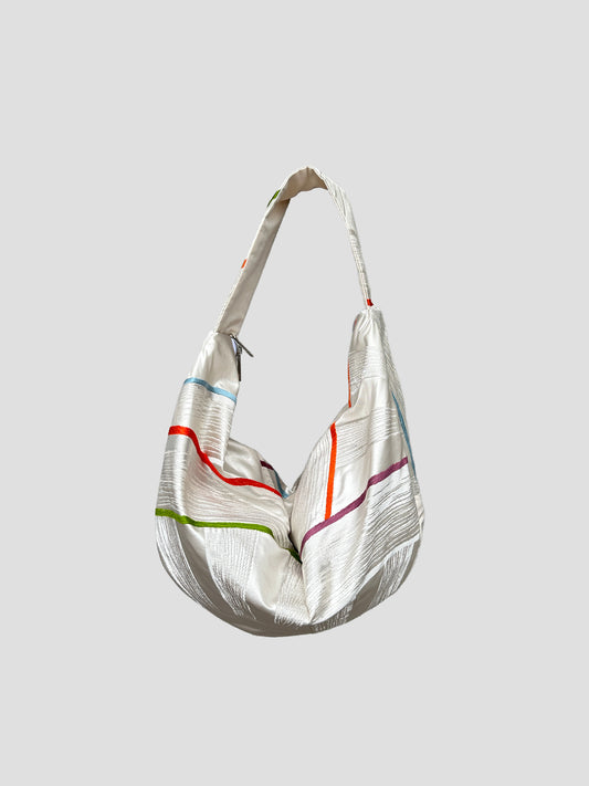 Upcycled Japanese Obi Silk Bag - "O" Bag (Silver & Stripes)
